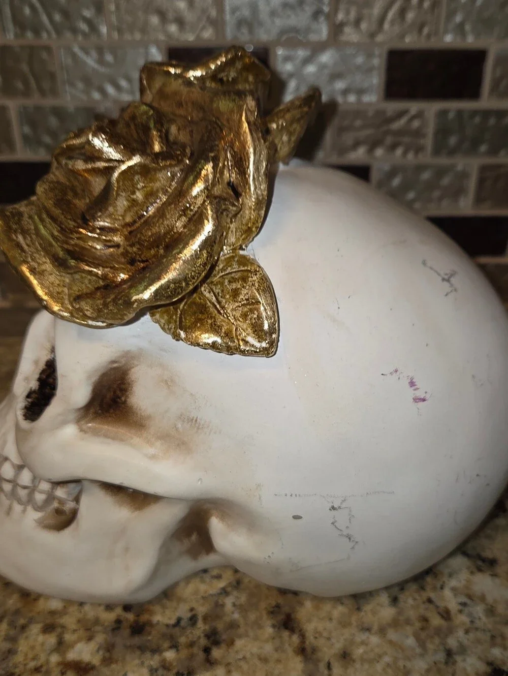 Decorative Resin Halloween Spooky White Skull with Gold Rose Accents